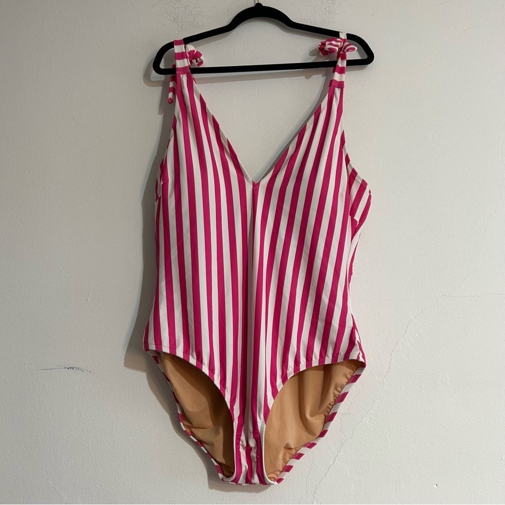 J. Crew Factory Wild Berry Stripe Tie Shoulder One Piece Swimsuit Size XXL